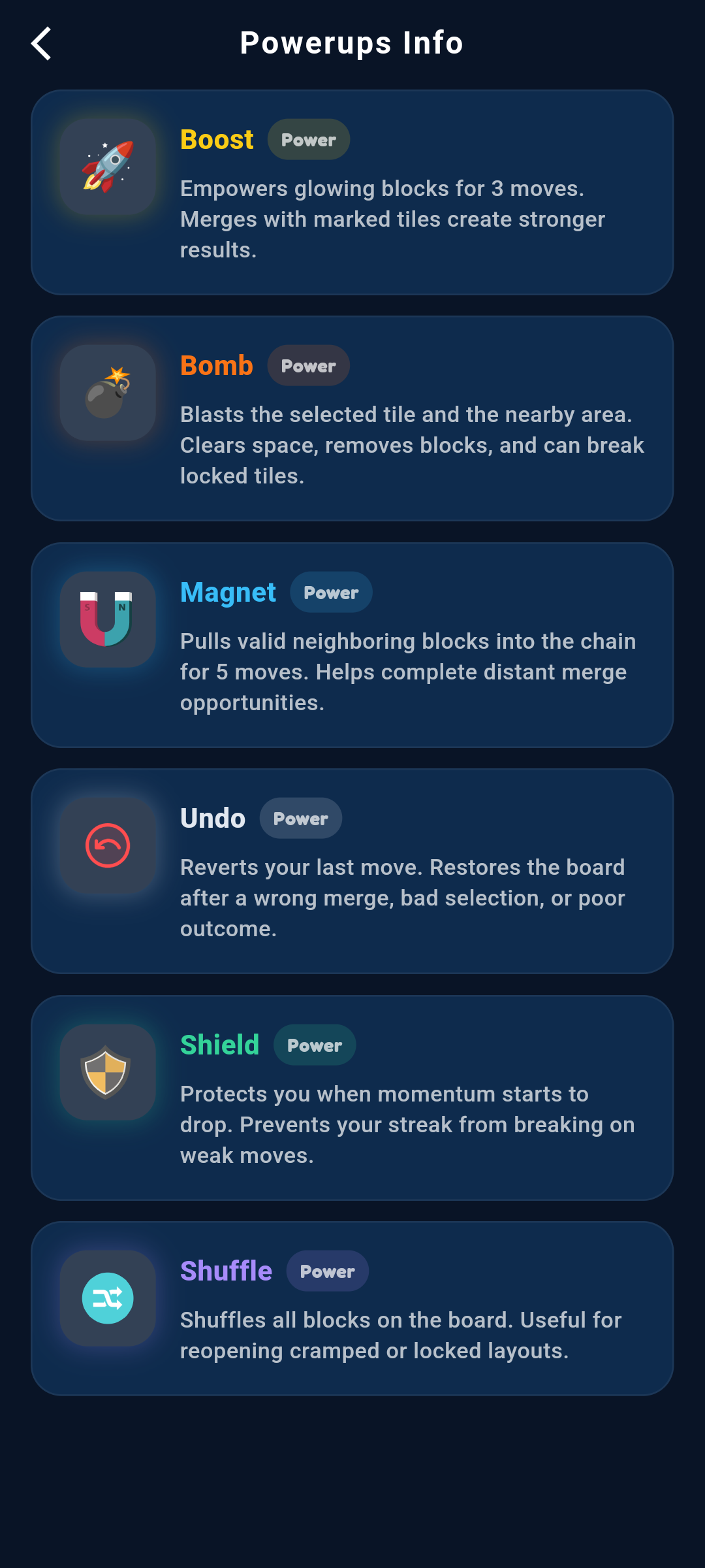 Merge Infinity powerups info screen