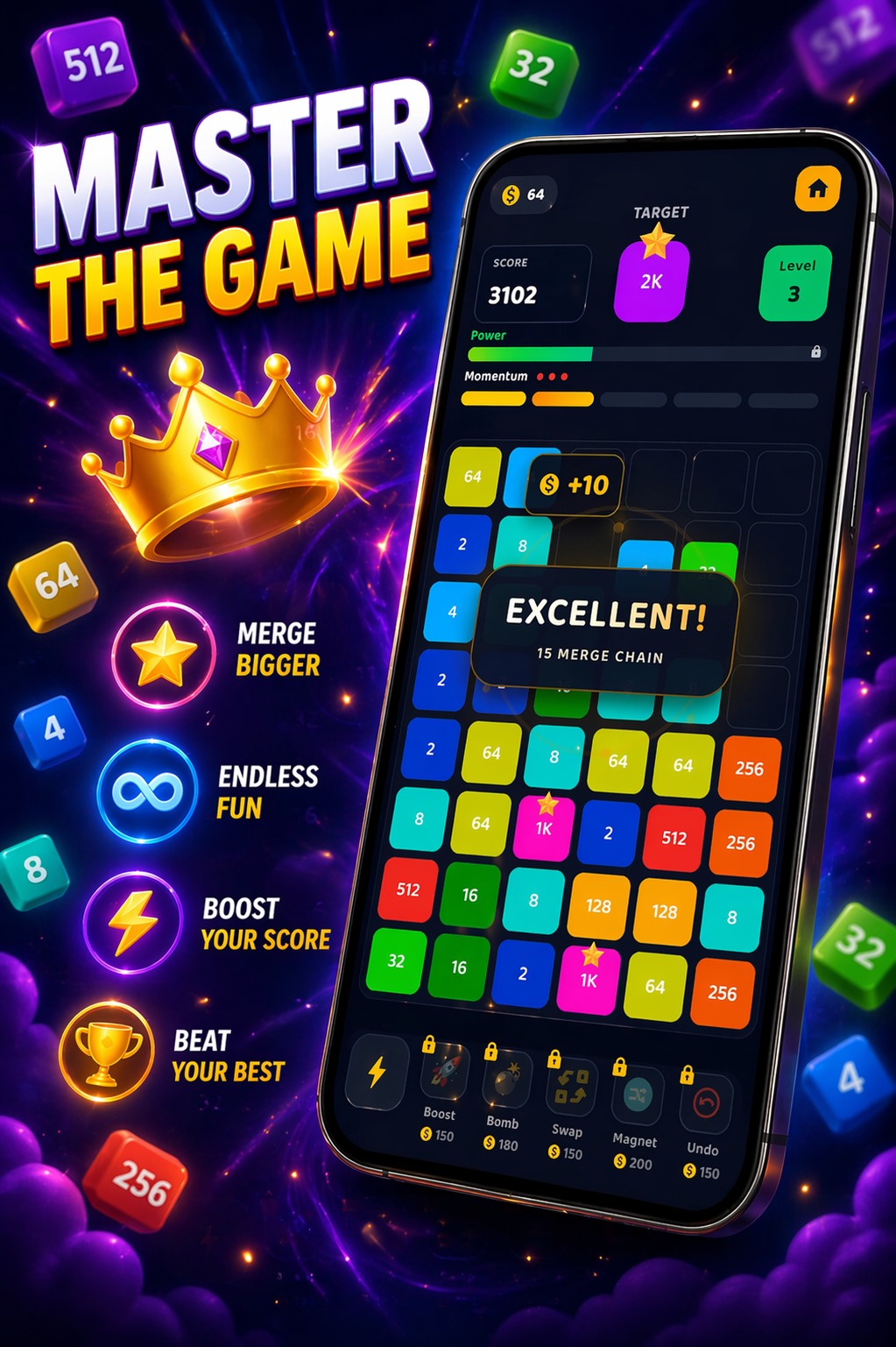 Merge Infinity promotional art focused on mastery and score growth