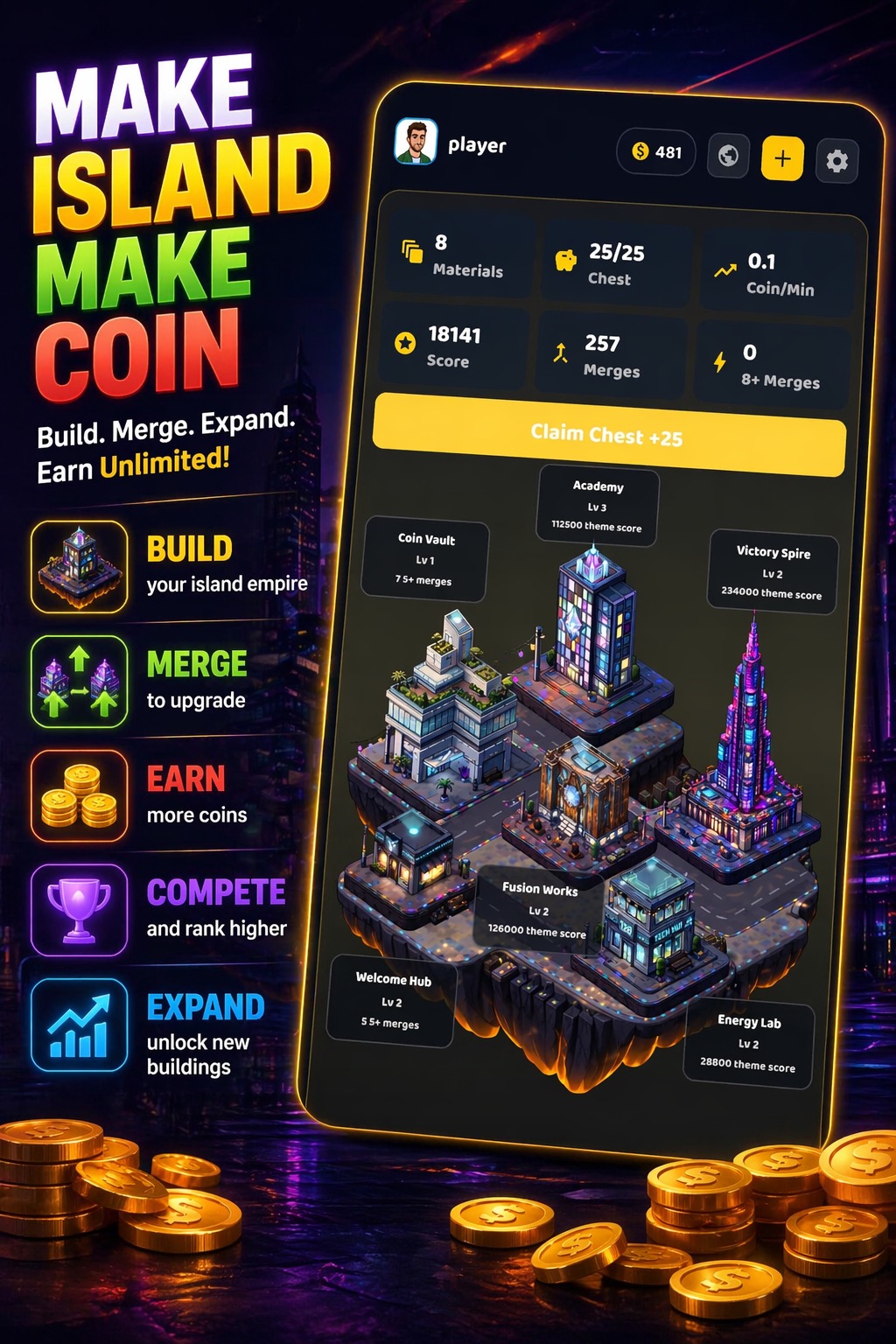 Island-building merge game concept with buildings, coin economy, and rank progression