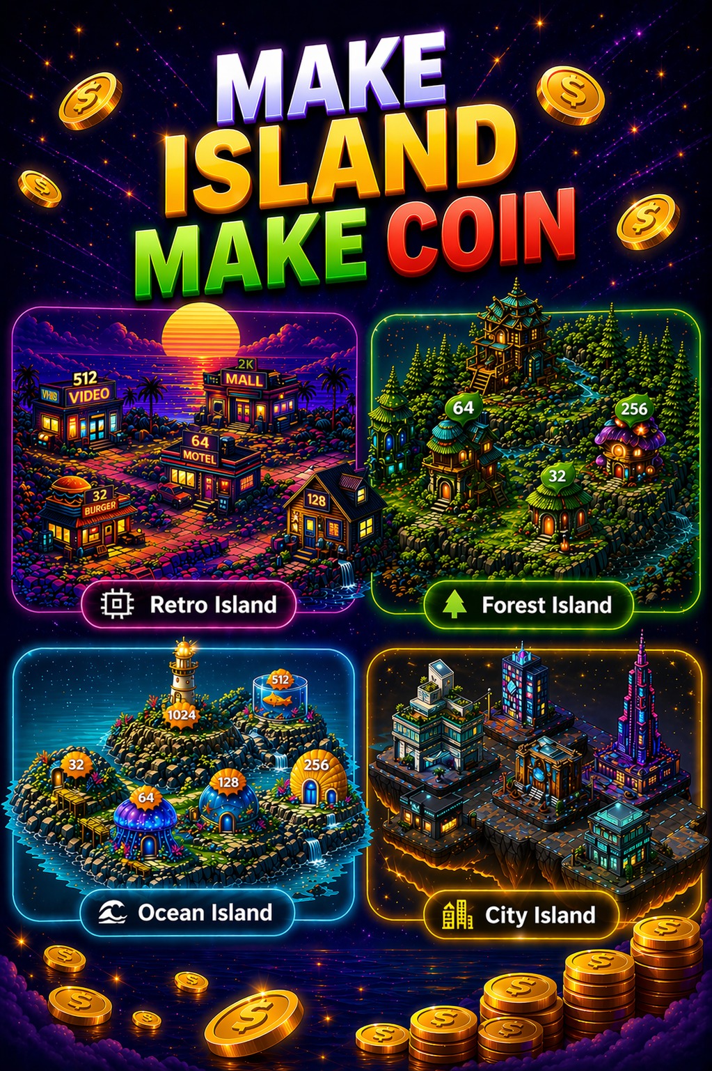 Island theme selection concept art showing retro, forest, ocean, and city island styles